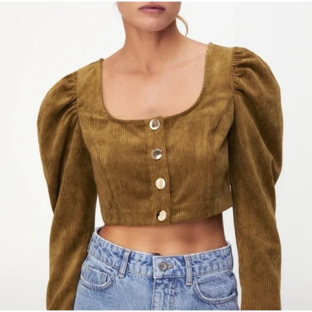 ZARA Brown Corduroy Crop Top XS Puff Shoulder Sleeve‎ Fall Gold Button Front